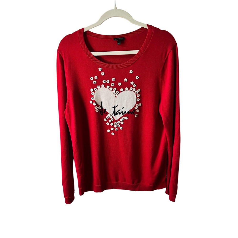 Talbots Red Je t'aime Heart Floral Sweater Womens Large Long Sleeve Cotton Blend